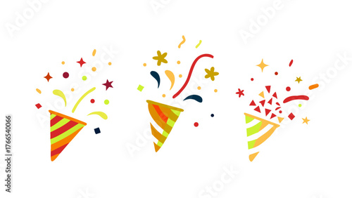 Set confetti party popper icon, fireworks logo, cap, flat design. Vector illustration isolated on white background .vector icon
