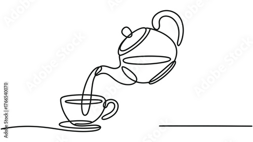 Elegant single line drawing captures the comforting ritual of pouring hot tea into a delicate cup, evoking warmth and relaxation.