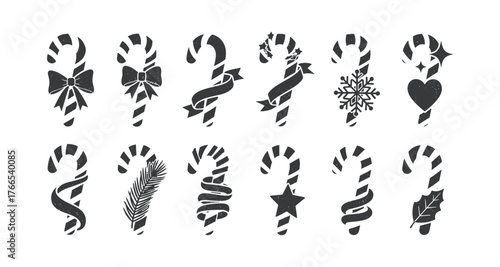 “festive candy cane icons with ribbon and decorative elements in grunge style”