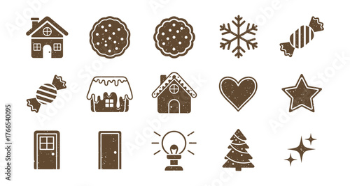 Rustic christmas icons collection: gingerbread houses, candy, snowflakes, and cozy holiday symbols