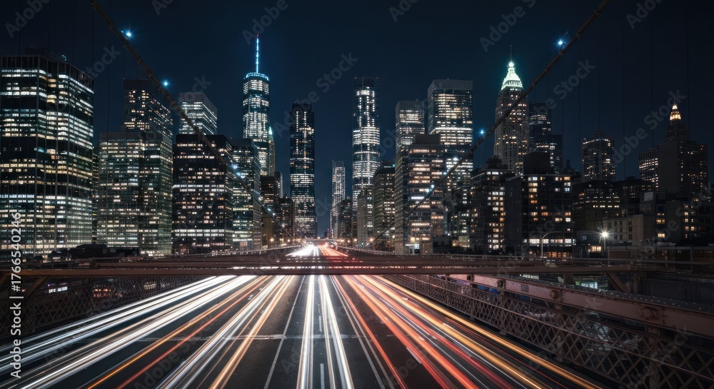 Fototapeta premium Nighttime cityscape with blurred traffic trails, tall buildings, lit bridges, and a dark sky