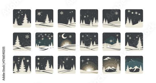 Scenic winter night landscapes with snowy trees and celestial elements