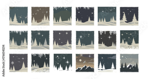 Set of rustic winter landscapes with snowy trees and starry night sky
