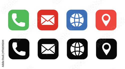 phone, email, web, location contact communication icon set in color and black style