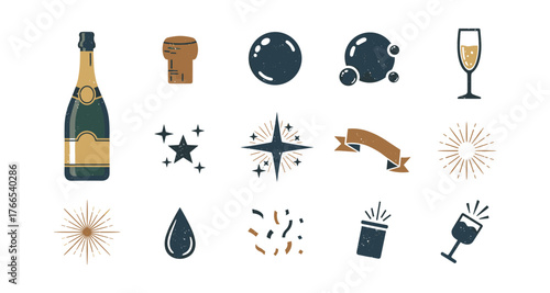 Celebration elements: champagne, glass, and festive icons for holiday and party themes