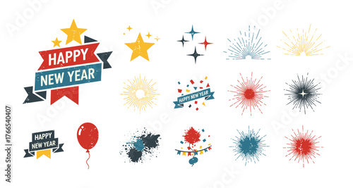 Festive new year celebration elements with fireworks, stars, and decorative banners