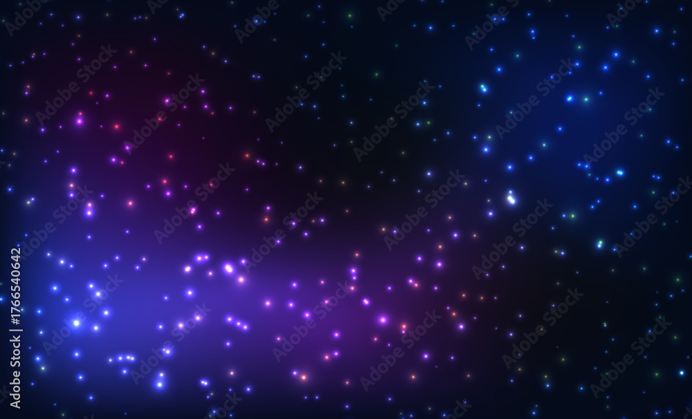 Obraz premium Navy winter sky background with shining stars and nebula glow. Cosmic space galaxy with purple blue pink twinkling lights and stardust