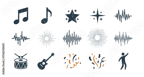 Grunge music icons and celebratory elements set