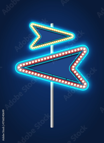 Vivid neon arrow sign on a pole against a dark blue background. Retro illuminated marquee board for text, casino, or event design.