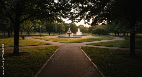 Pathway leads to a central fountain in a sunlit park, framed by trees