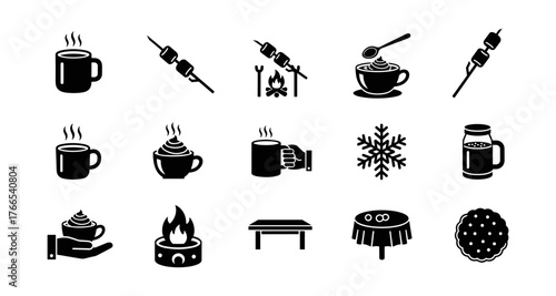 Cozy winter icons: coffee cup, marshmallows, campfire, snowflake, beer mug, and dessert