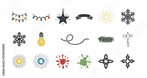 Festive holiday elements collection: decorations, lights, and seasonal icons