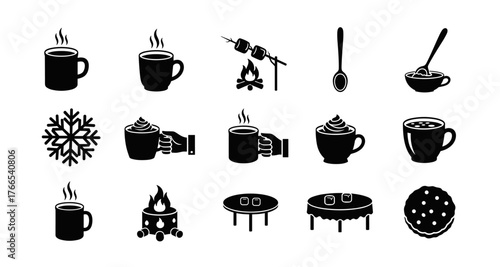 Cozy winter icons: hot drinks, campfire, marshmallows, and desserts