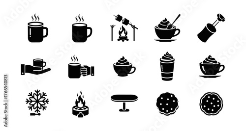Collection of cozy beverage and winter icons in silhouette style
