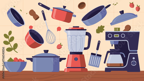 Kitchen appliances and cookware arranged on a wooden counter