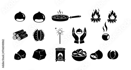 Chestnut icon set featuring cooking, campfire, and seasonal elements in silhouette style