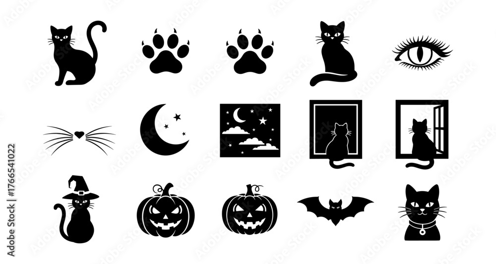 Obraz premium Halloween cat silhouettes: pumpkins, moons, and more for spooky designs