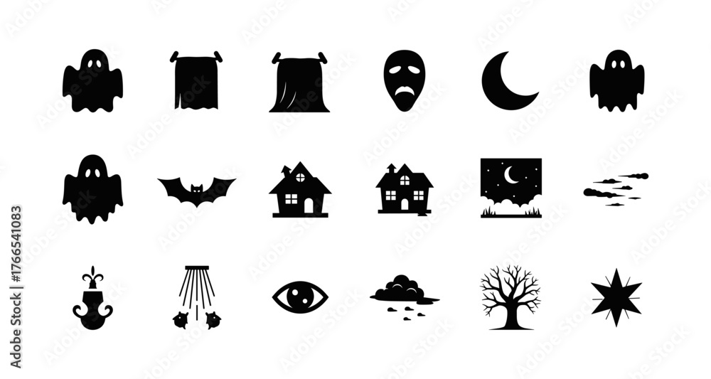 Obraz premium Spooky halloween icon set with ghosts, bats, and haunted houses