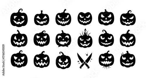Silhouette of halloween pumpkins with carved faces and crossed knives