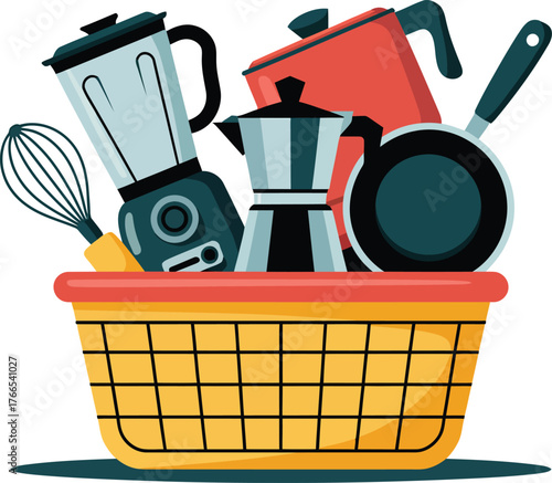 Kitchenware collection in a basket blender coffee maker pan whisk