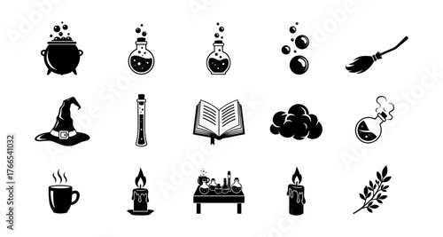 Witchcraft icons set with potions, broomstick, book, and candles in black silhouette style