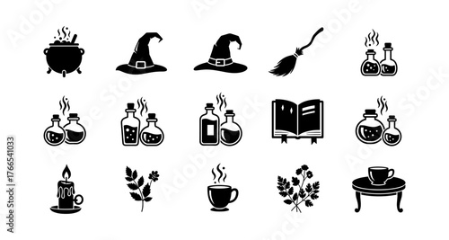 Halloween witchcraft icons set: cauldron, hat, potion, and herb silhouettes for spooky designs