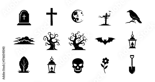 Spooky halloween silhouettes collection with skulls, bats, and tombstones