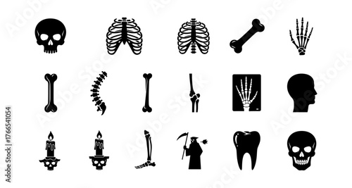 Human anatomy icons: skull, bones, spine, skeleton, and more in silhouette style