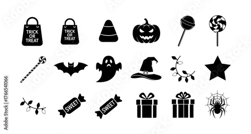 Halloween silhouette icons: pumpkins, ghosts, candy, and spooky designs