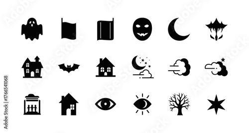 Halloween silhouette icons: ghosts, bats, crescent moons, and spooky houses collection