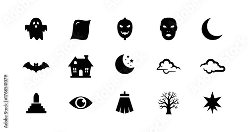 Spooky icon set: halloween silhouettes featuring ghosts, pumpkins, and haunted houses