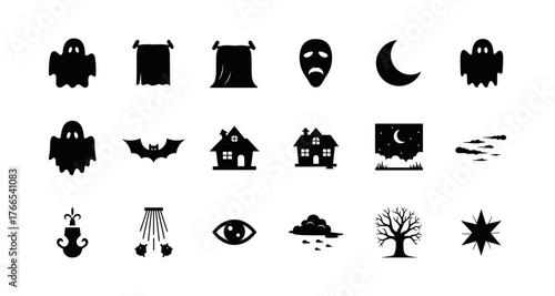 Spooky halloween icon set with ghosts, bats, and haunted houses