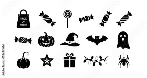 Silhouette halloween icons set: pumpkin, witch hat, ghost, spider, bat, candy, and more