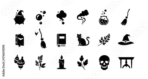 Halloween icons set featuring witchcraft symbols and spooky elements