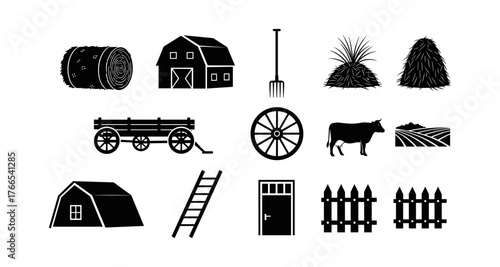 Silhouette farm icons set with barn, animals, and tools for agriculture design