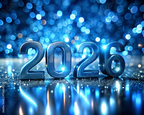 Illustration of blue metallic numbers 2026 with bokeh lights and reflections