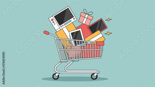 Shopping cart overflowing with electronics and gift boxes