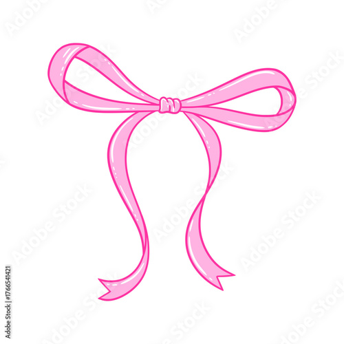 Coquette aesthetic pink bow. Line drawing illustration of cute tied ribbon for baby shower decoration. Wedding, Valentine's, birthday gift. Vintage girly hairstyle accessories. Doodle lace, vector
