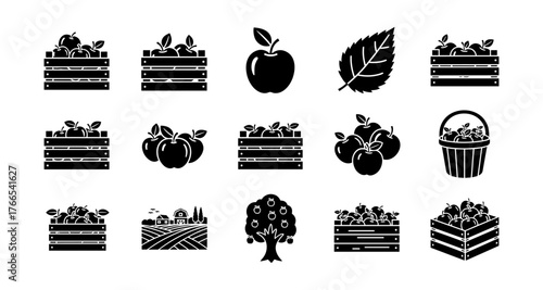 Apple harvest icons set featuring farm elements and nature themes
