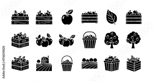 Silhouette icons of apple harvesting and orchard scenes
