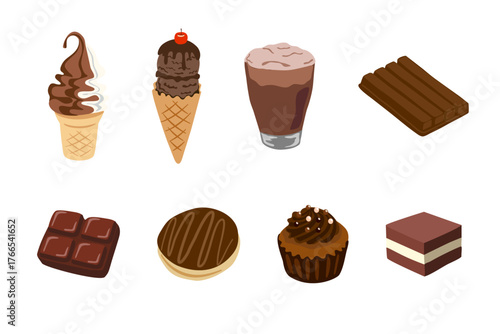 chocolate ice cream. Delicious Chocolate Desserts and Sweet Treats Vector Set, Ice Cream, Cupcake, Candy Bar, and Pastry Illustration