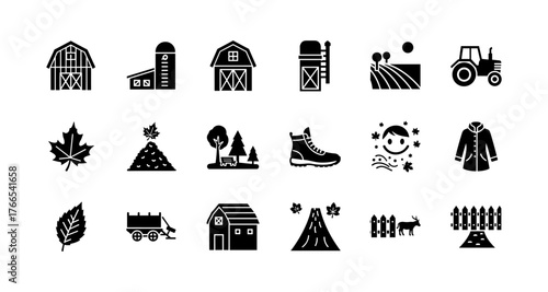 Silhouette icons of rural life and agriculture