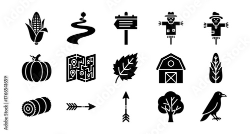 Farm silhouettes: corn, scarecrows, barn, and more rural icons in simple style