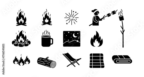 Camping icons set: campfire, marshmallows, hot drink, and outdoor essentials
