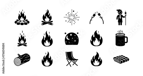 Rustic camping icons set featuring fire, tent, and marshmallow elements in silhouette style