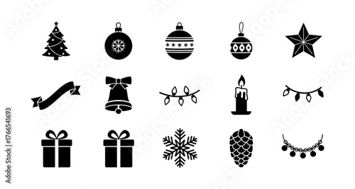 Festive silhouette christmas icons: ornaments, tree, gifts, and decor elements
