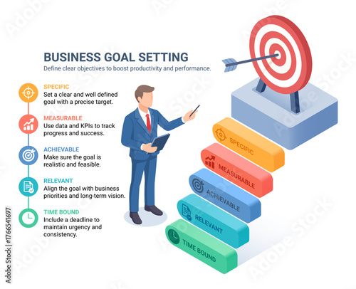 Modern SMART goal setting infographic a businessman targeting objectives ideal for planning, strategy, productivity, and performance presentations.