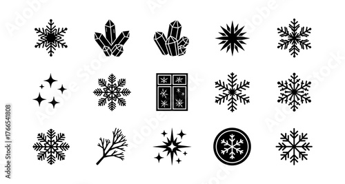 Elegant black silhouette icons featuring snowflakes, crystals, and stars