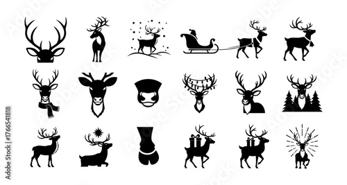 Christmas reindeer icons: silhouette collection with sleigh and winter themes