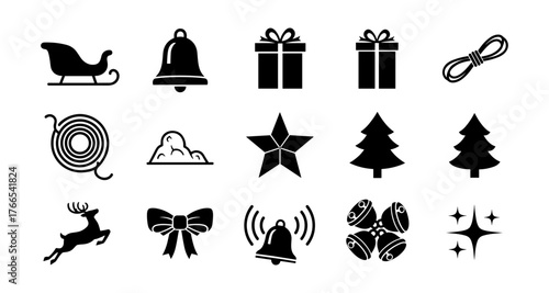 Holiday icon set: silhouette christmas designs featuring gifts, sleigh, and bells